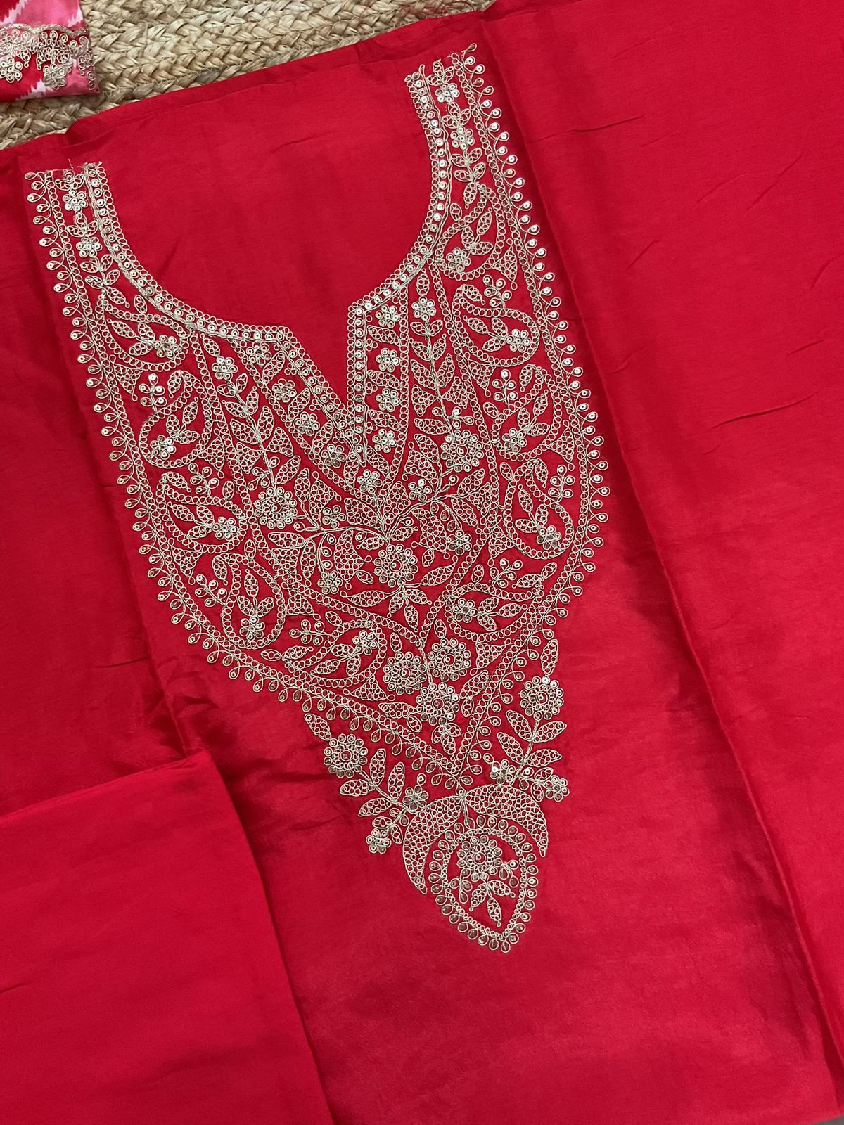 Soft Dola Silk Printed Embroidered Suit - Organish Red