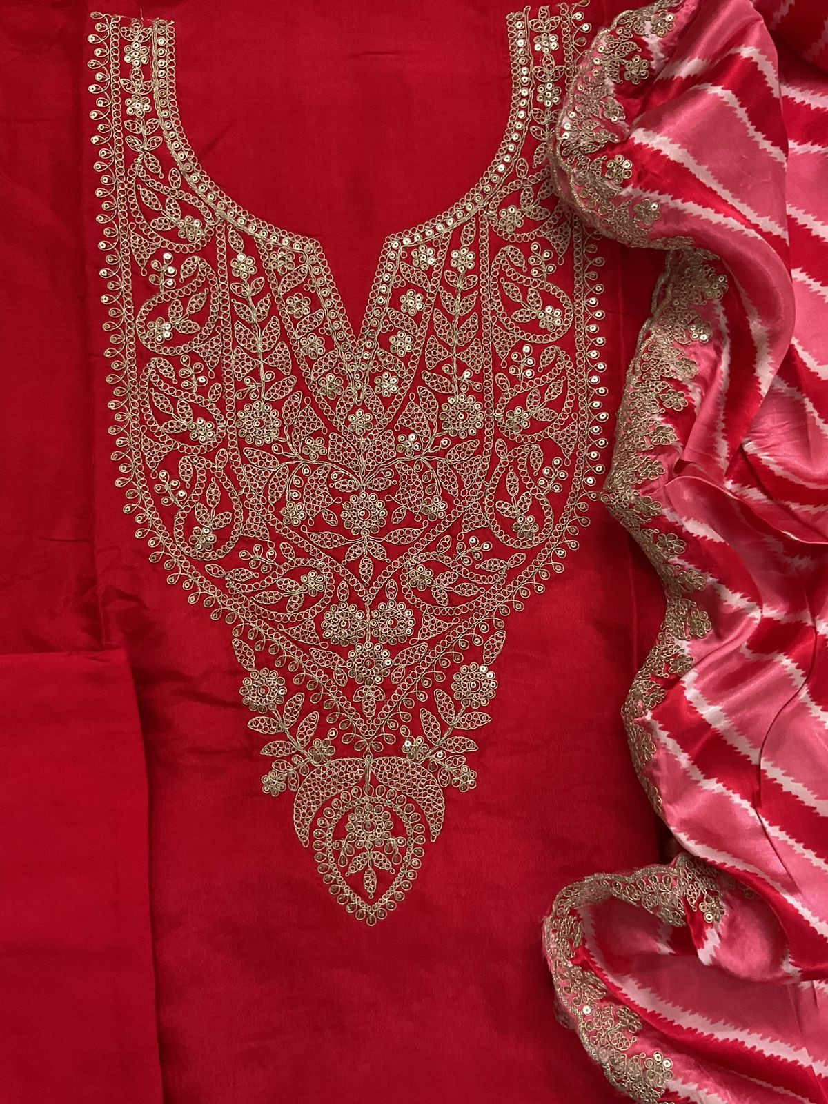 Soft Dola Silk Printed Embroidered Suit - Organish Red