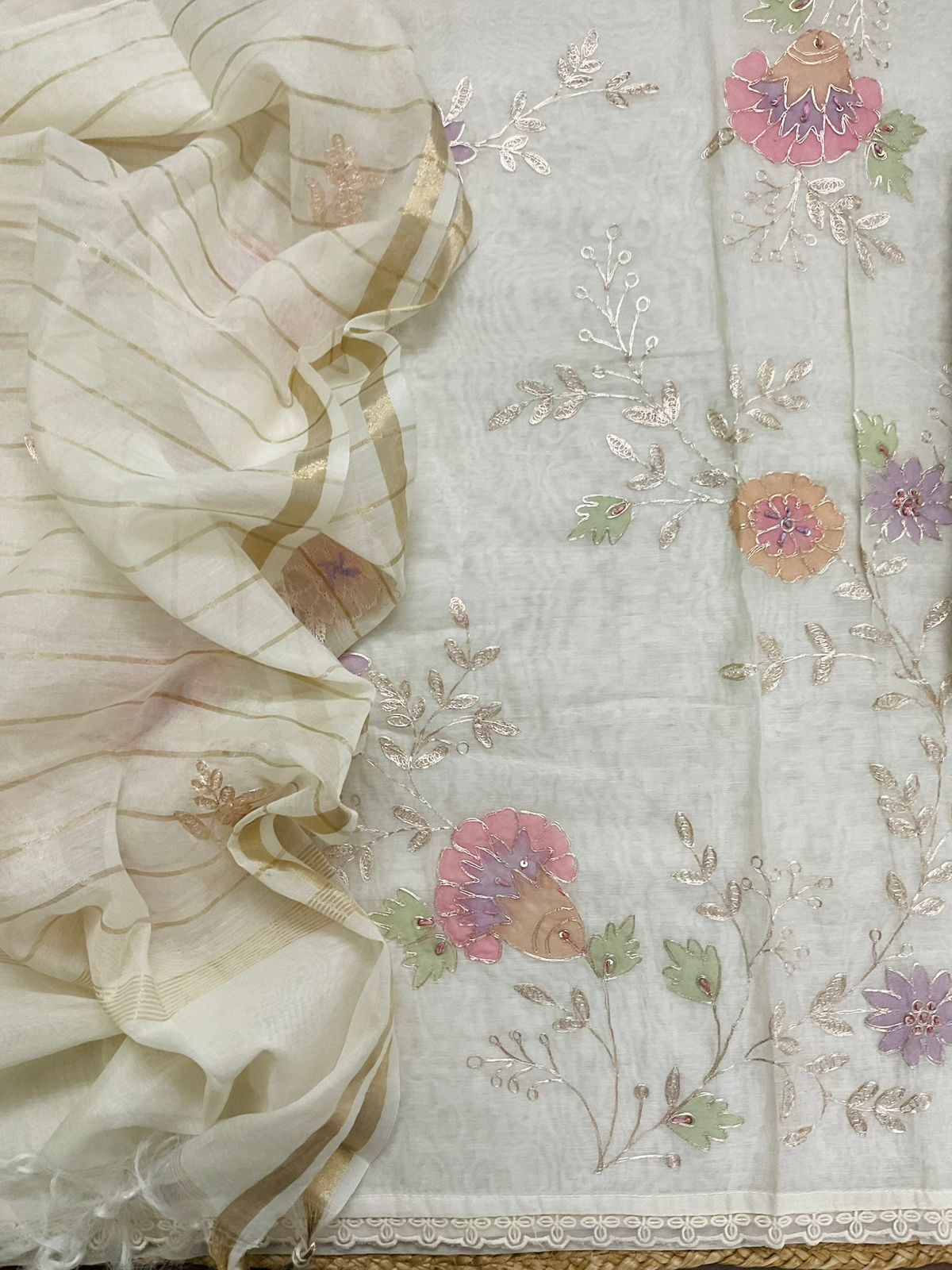 Pure Chanderi Embroidered Suit - Off White
