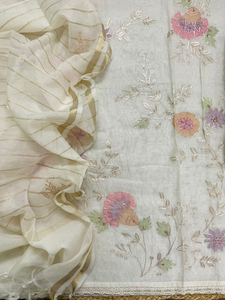 Image of Pure Chanderi Embroidered Suit - Off White