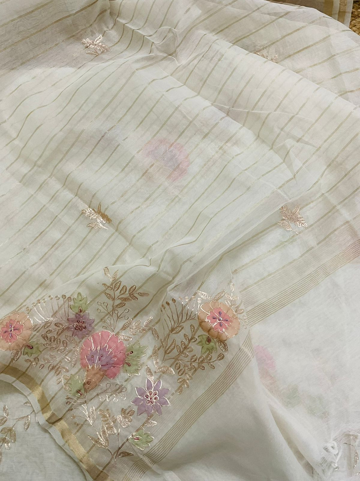 Pure Chanderi Embroidered Suit - Off White