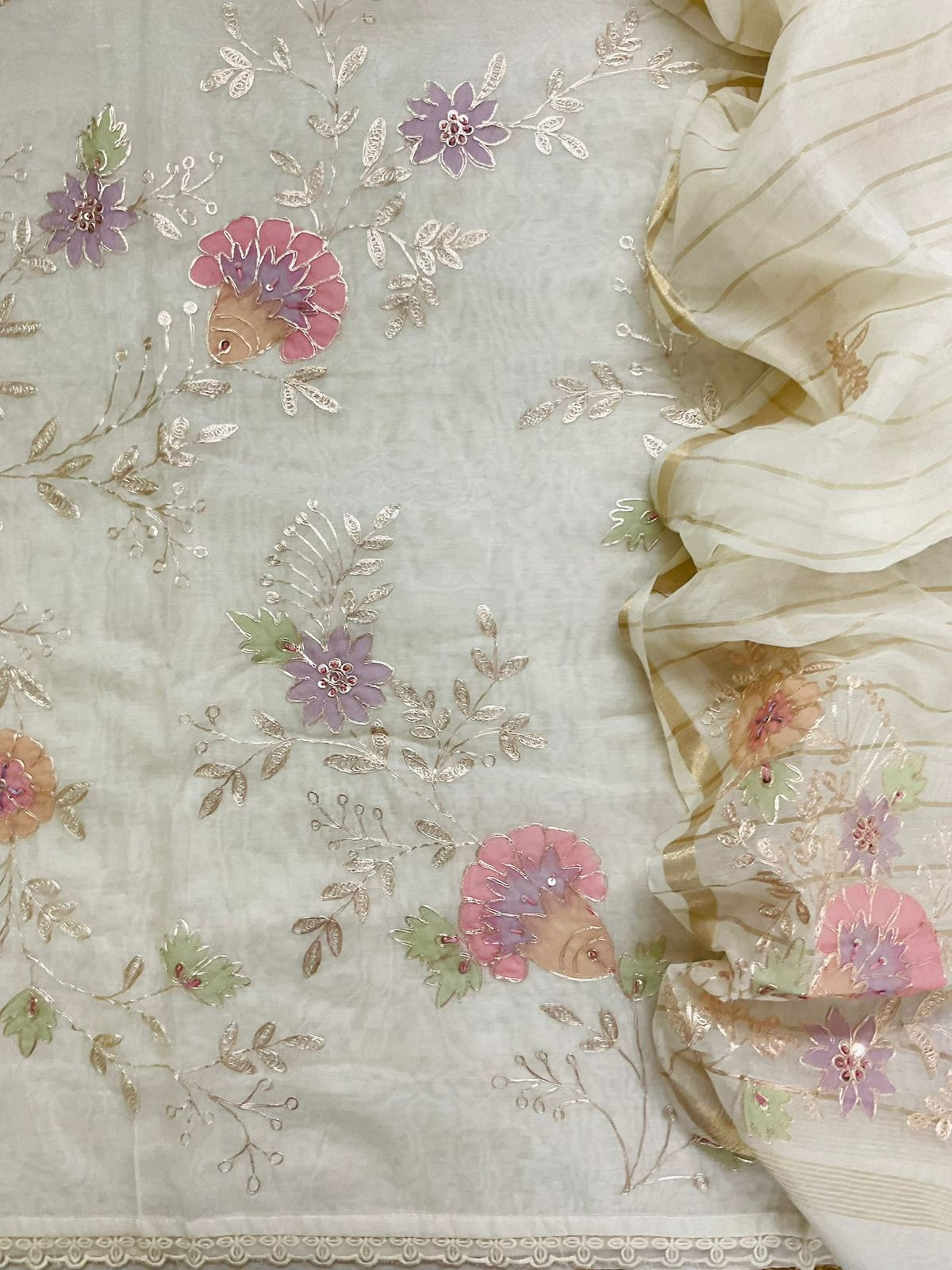 Pure Chanderi Embroidered Suit - Off White