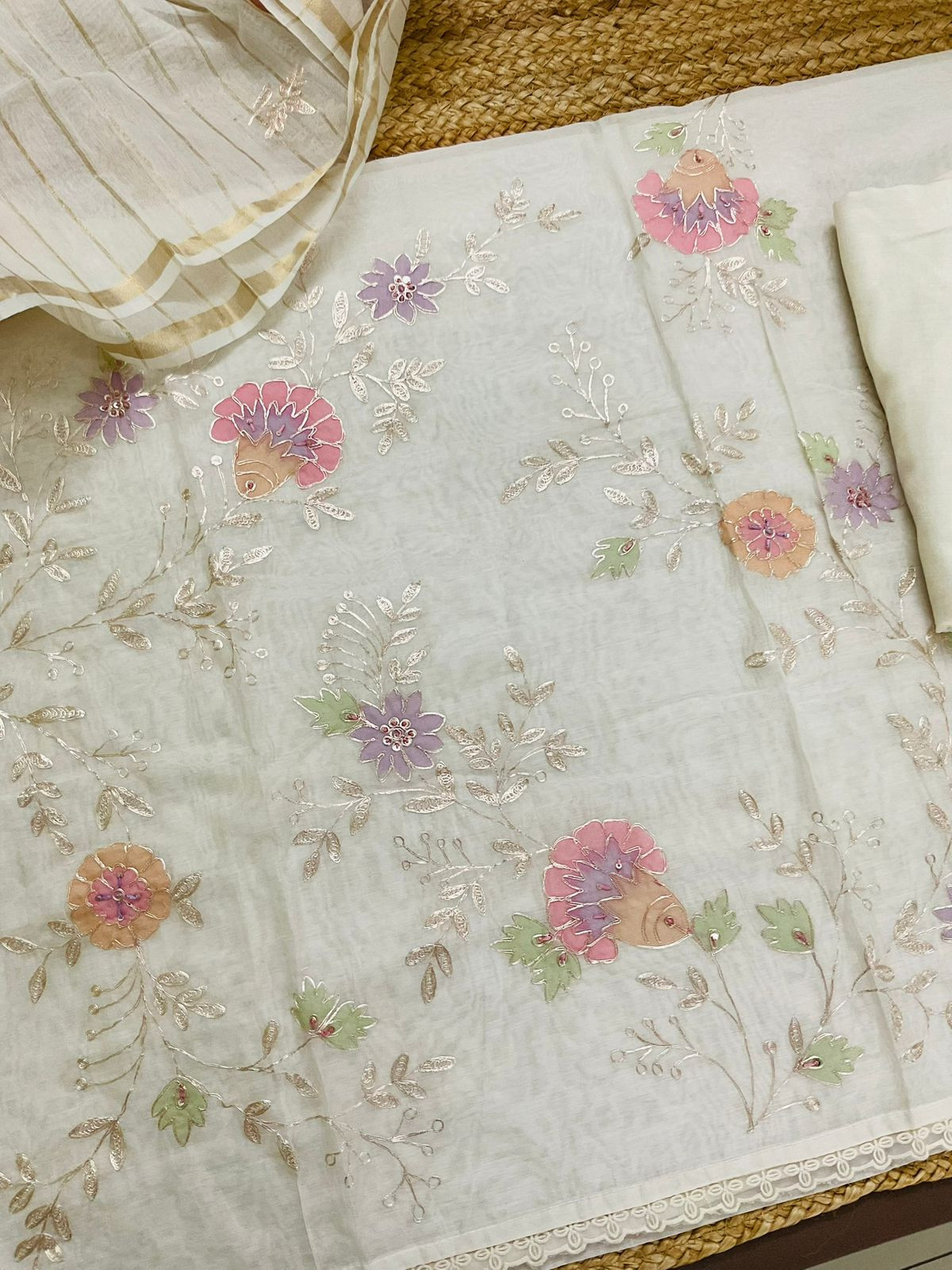 Pure Chanderi Embroidered Suit - Off White