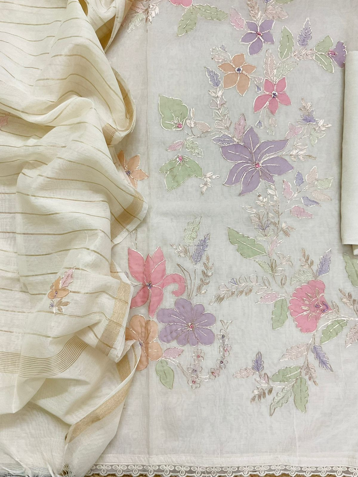Pure Chanderi Embroidered Suit - Off White