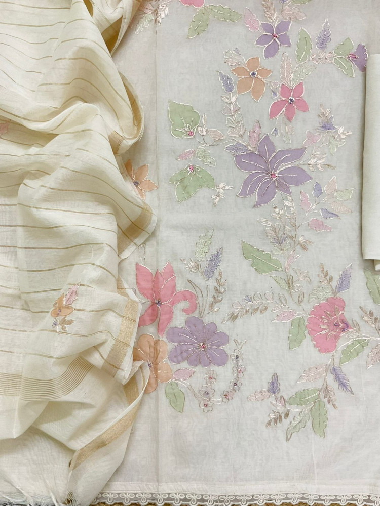 Image of Pure Chanderi Embroidered Suit - Off White