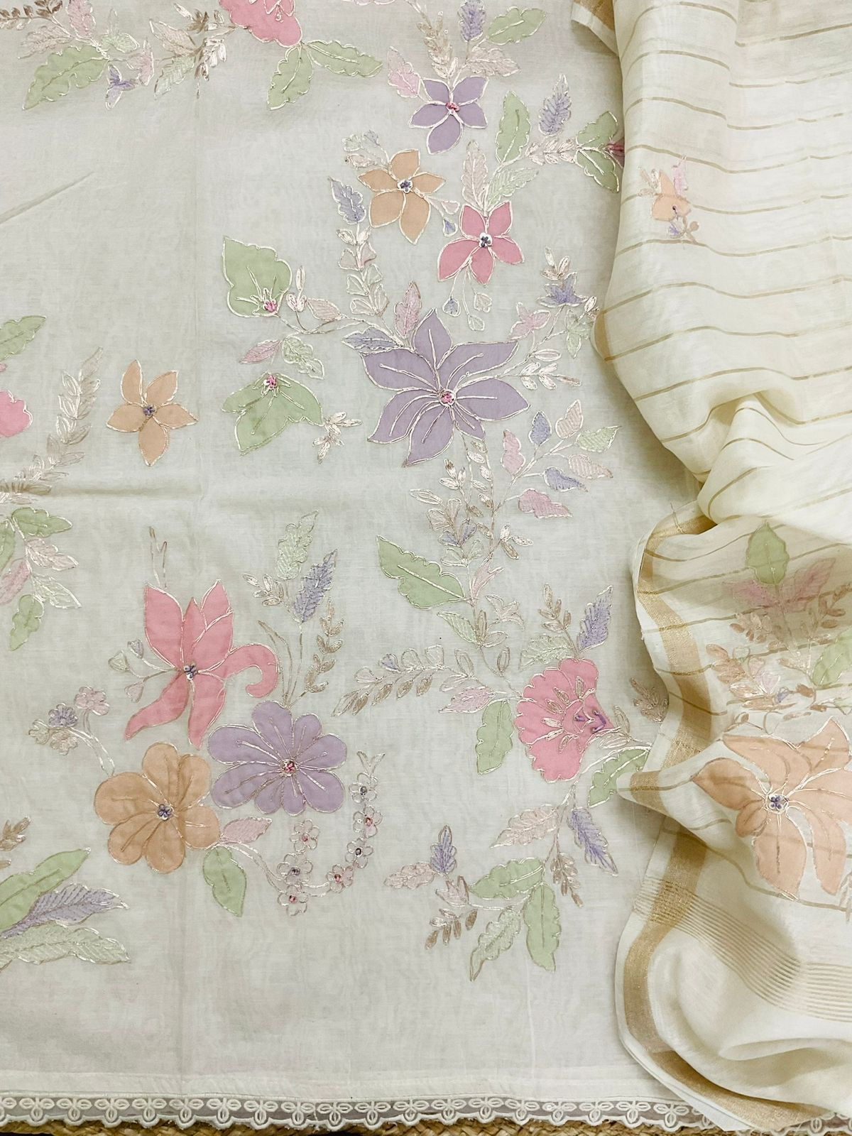 Pure Chanderi Embroidered Suit - Off White