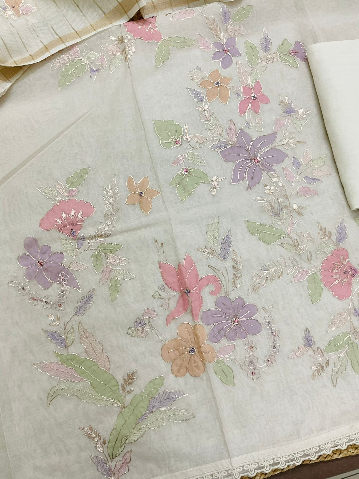 Pure Chanderi Embroidered Suit - Off White