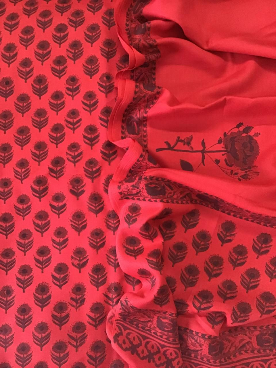 Soft Woollen Slub Silk Block Printed Suit - Red