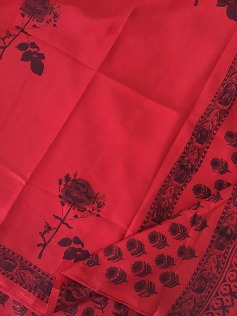 Soft Woollen Slub Silk Block Printed Suit - Red