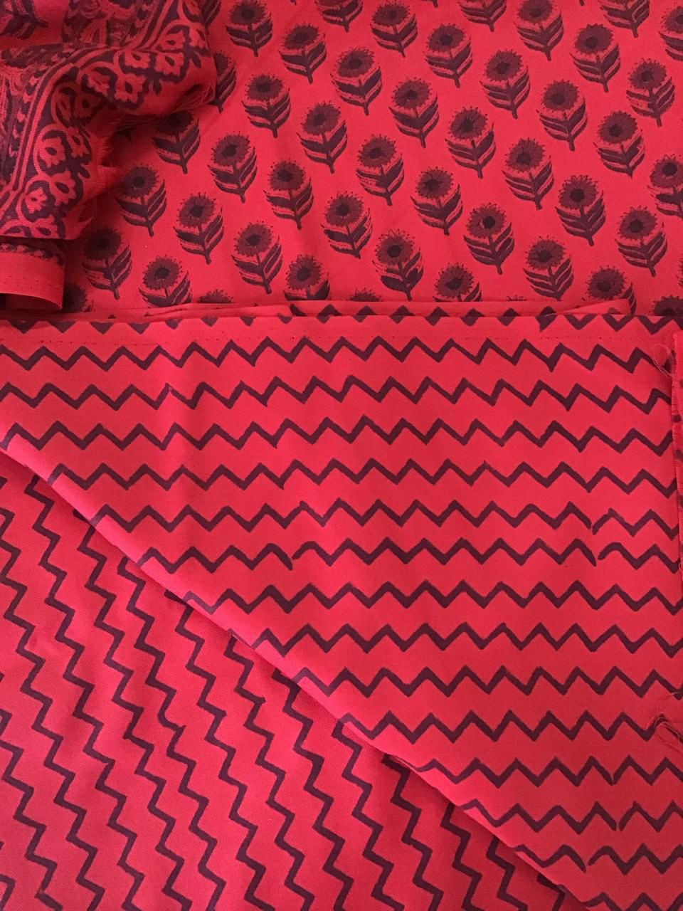 Soft Woollen Slub Silk Block Printed Suit - Red