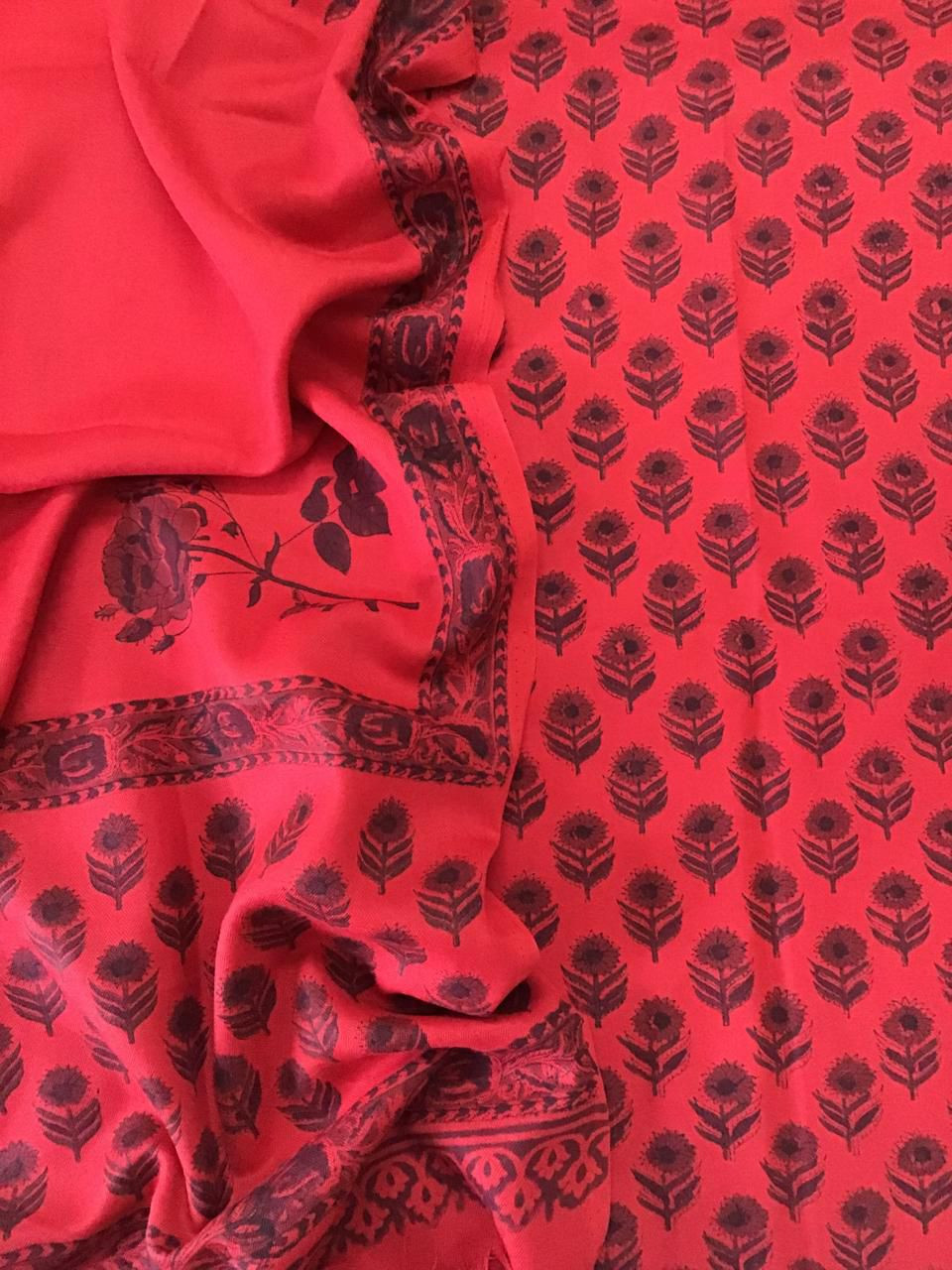 Soft Woollen Slub Silk Block Printed Suit - Red