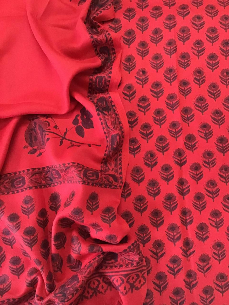Image of Soft Woollen Slub Silk Block Printed Suit - Red