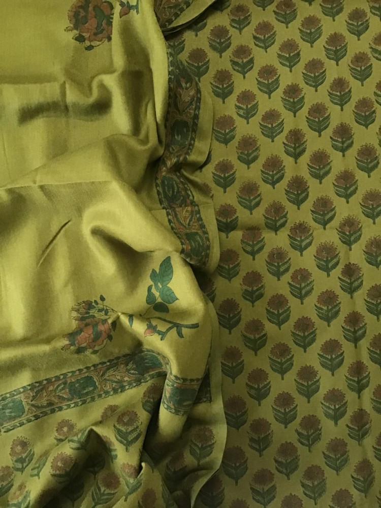 Image of Soft Woollen Slub Silk Block Printed Suit - Green