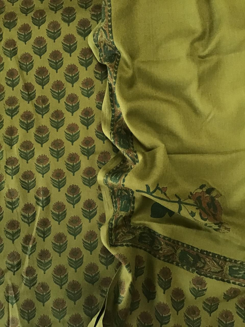 Soft Woollen Slub Silk Block Printed Suit - Green