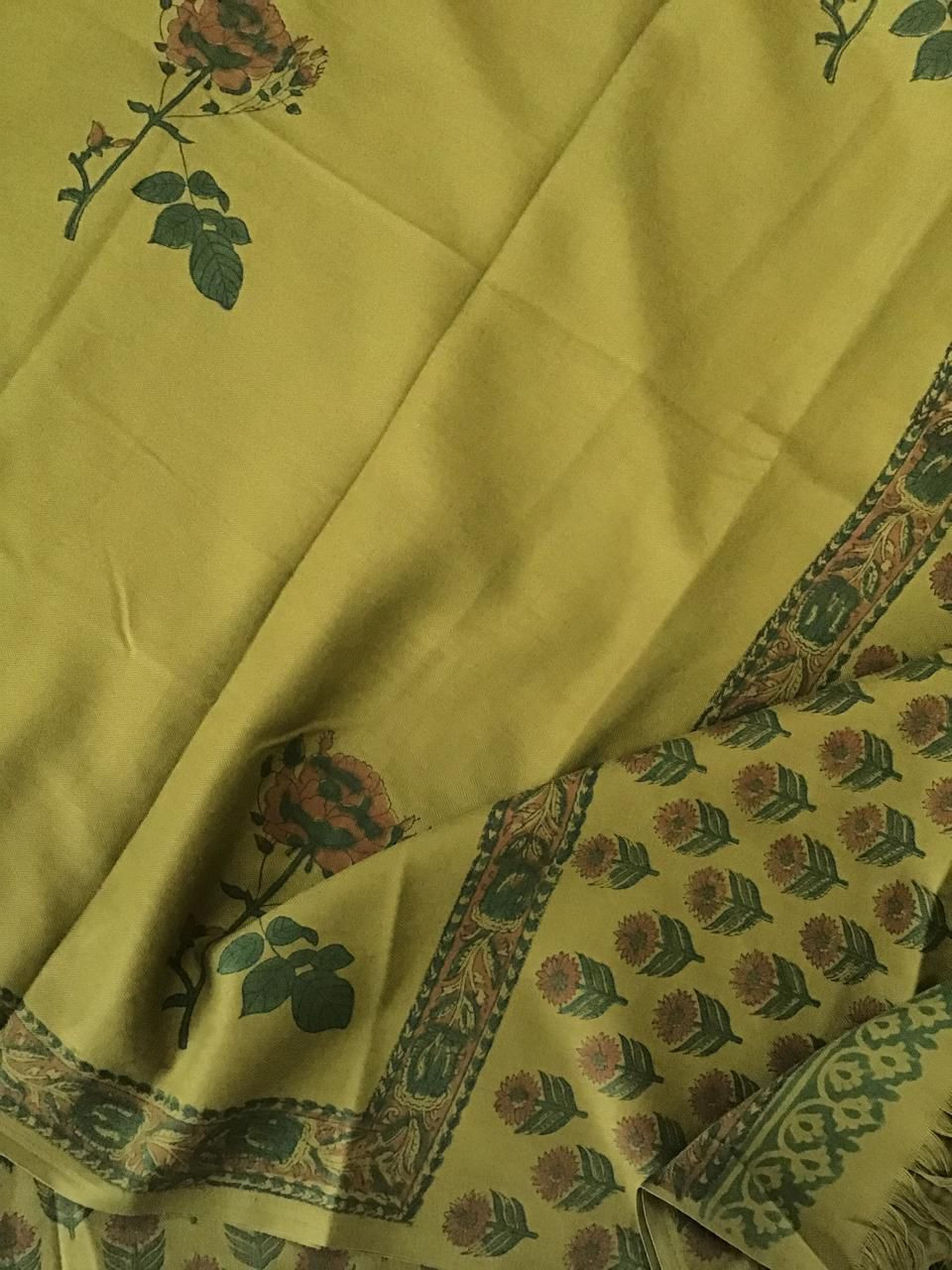 Soft Woollen Slub Silk Block Printed Suit - Green