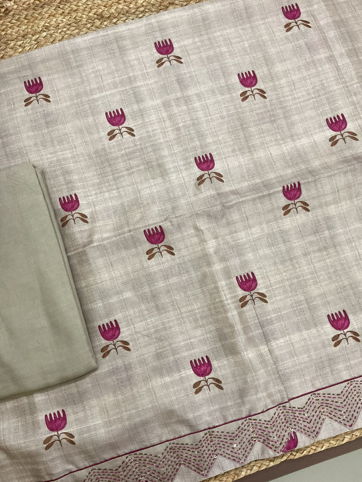Soft Semi Tussar Silk Printed Embroidered Suit - Beige