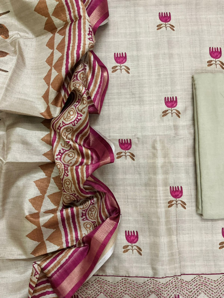 Image of Soft Semi Tussar Silk Printed Embroidered Suit - Beige