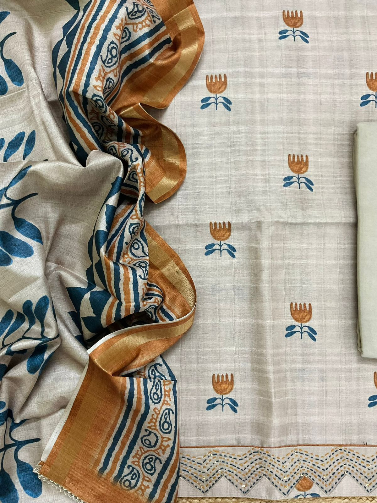 Soft Semi Tussar Silk Printed Embroidered Suit - Beige