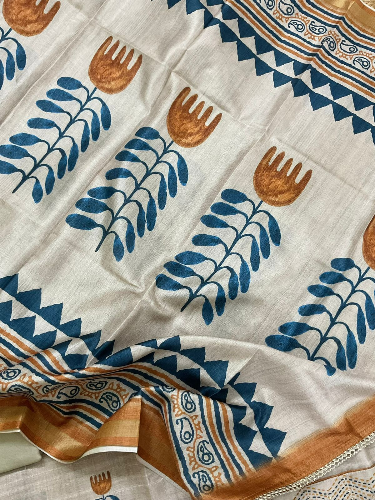 Soft Semi Tussar Silk Printed Embroidered Suit - Beige