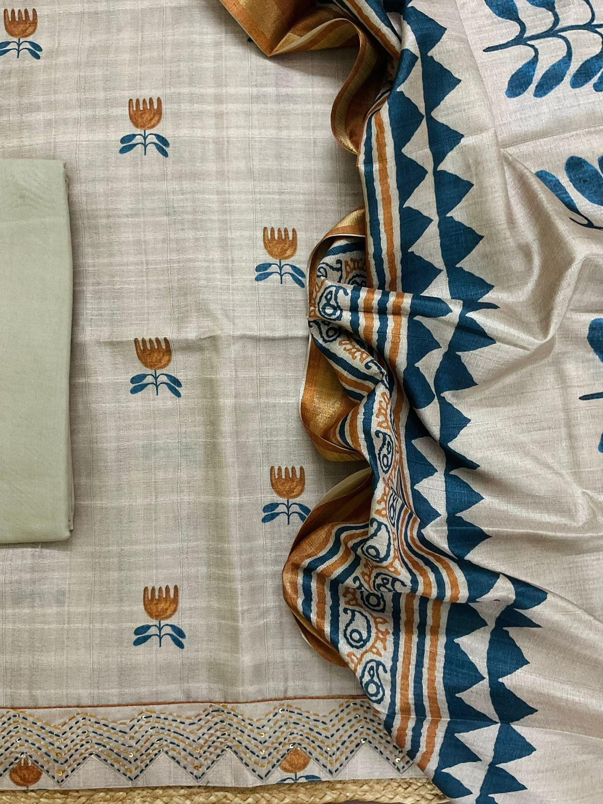 Soft Semi Tussar Silk Printed Embroidered Suit - Beige