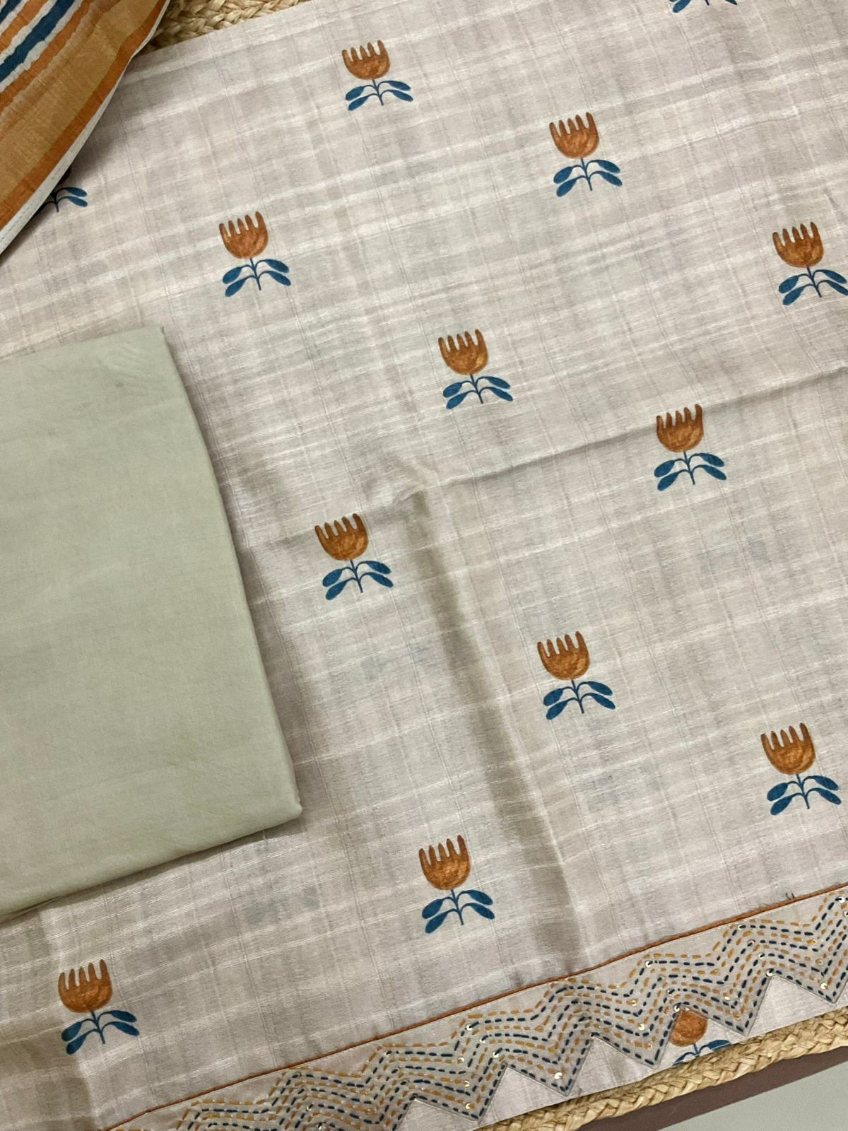 Soft Semi Tussar Silk Printed Embroidered Suit - Beige