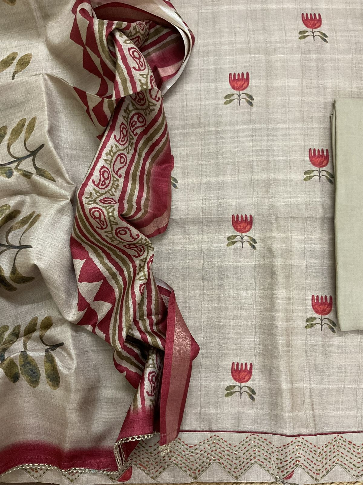 Soft Semi Tussar Silk Printed Embroidered Suit - Beige