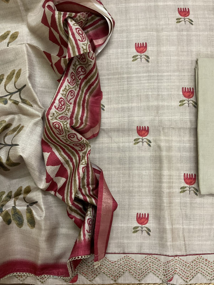 Image of Soft Semi Tussar Silk Printed Embroidered Suit - Beige