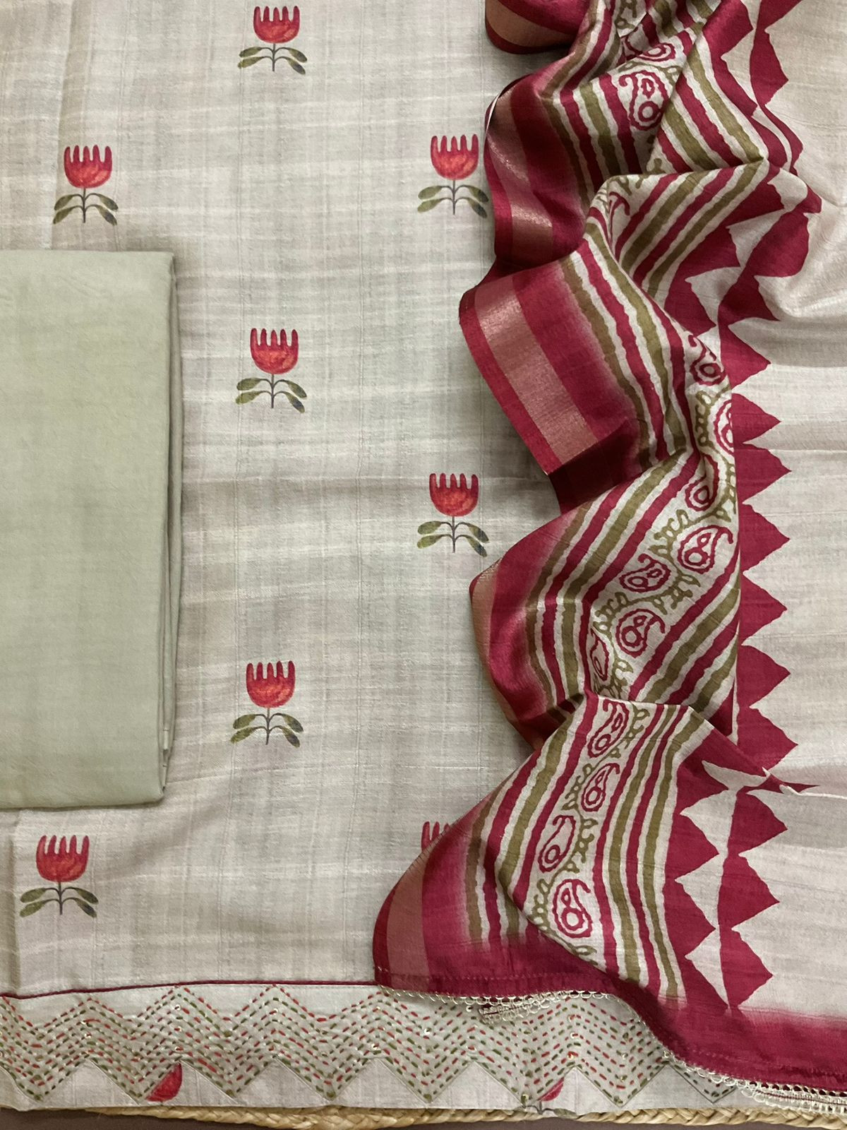 Soft Semi Tussar Silk Printed Embroidered Suit - Beige