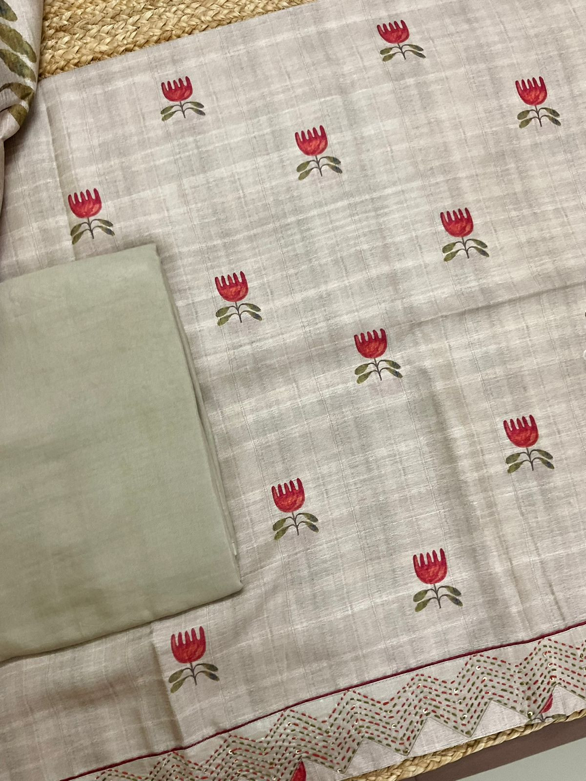 Soft Semi Tussar Silk Printed Embroidered Suit - Beige