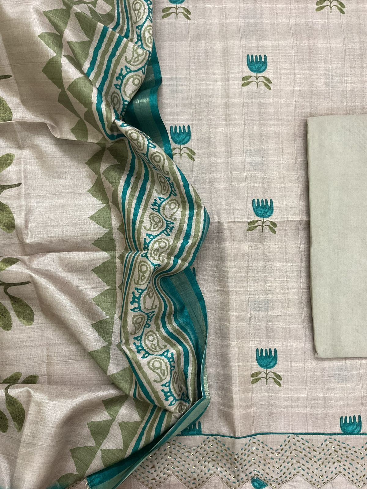 Soft Semi Tussar Silk Printed Embroidered Suit - Beige