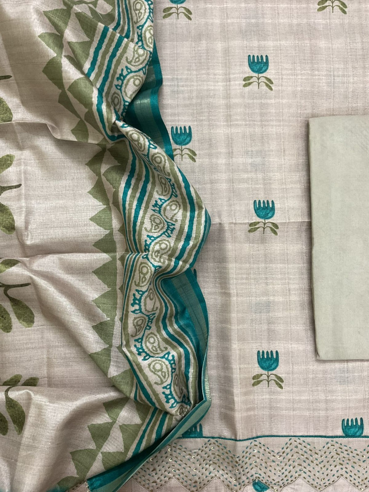 Image of Soft Semi Tussar Silk Printed Embroidered Suit - Beige