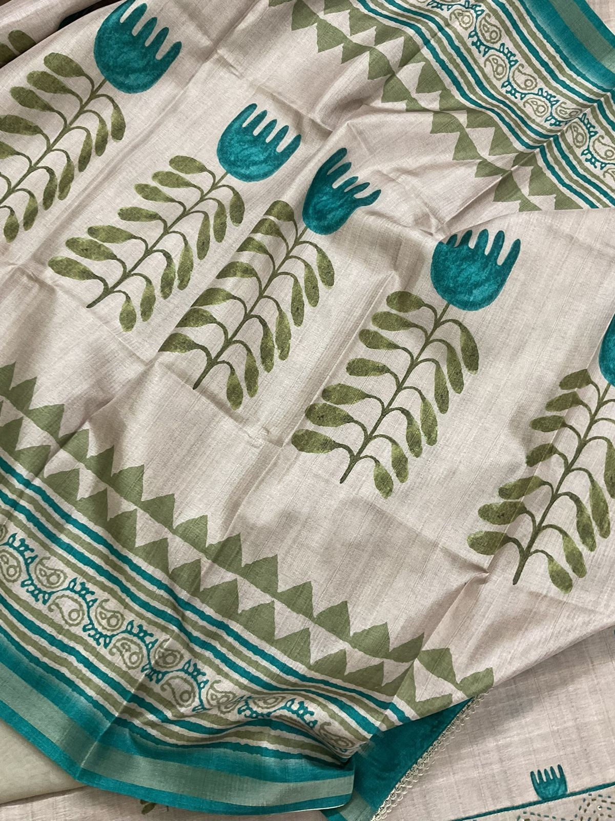 Soft Semi Tussar Silk Printed Embroidered Suit - Beige