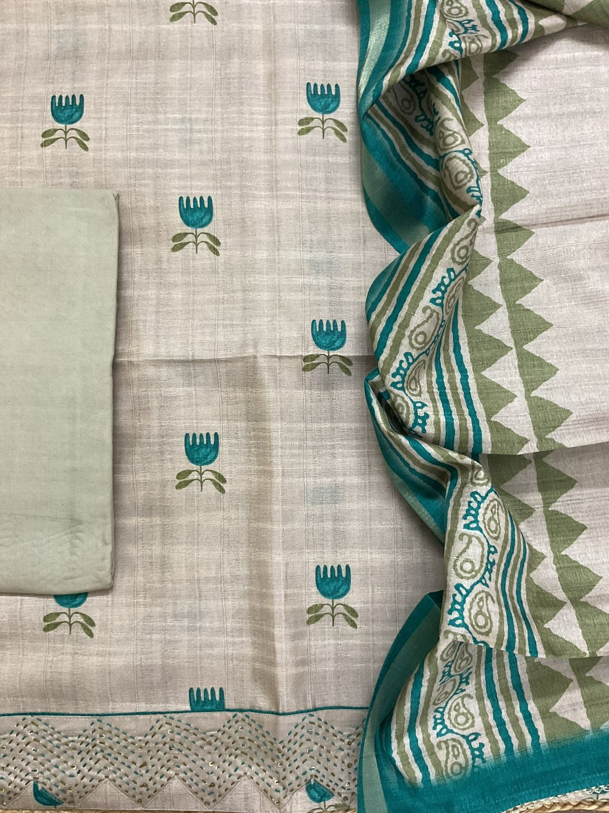 Soft Semi Tussar Silk Printed Embroidered Suit - Beige