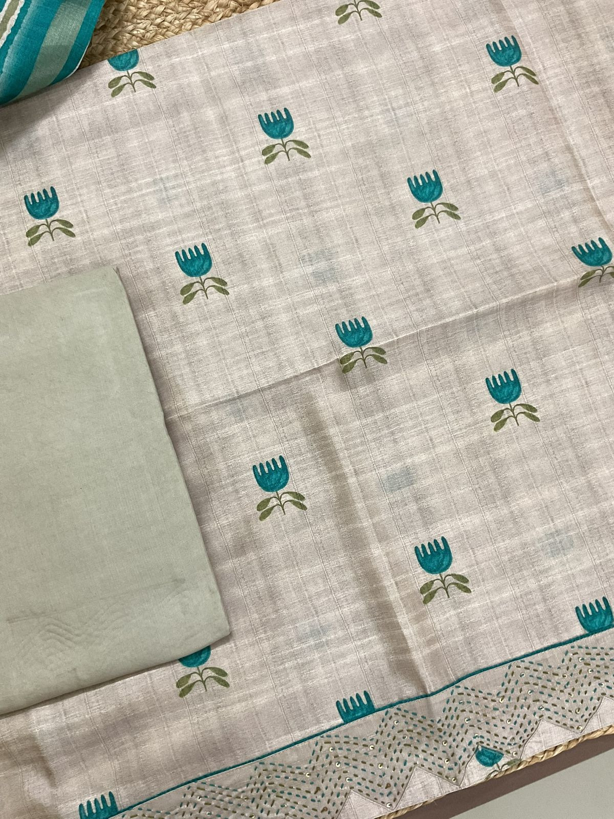 Soft Semi Tussar Silk Printed Embroidered Suit - Beige