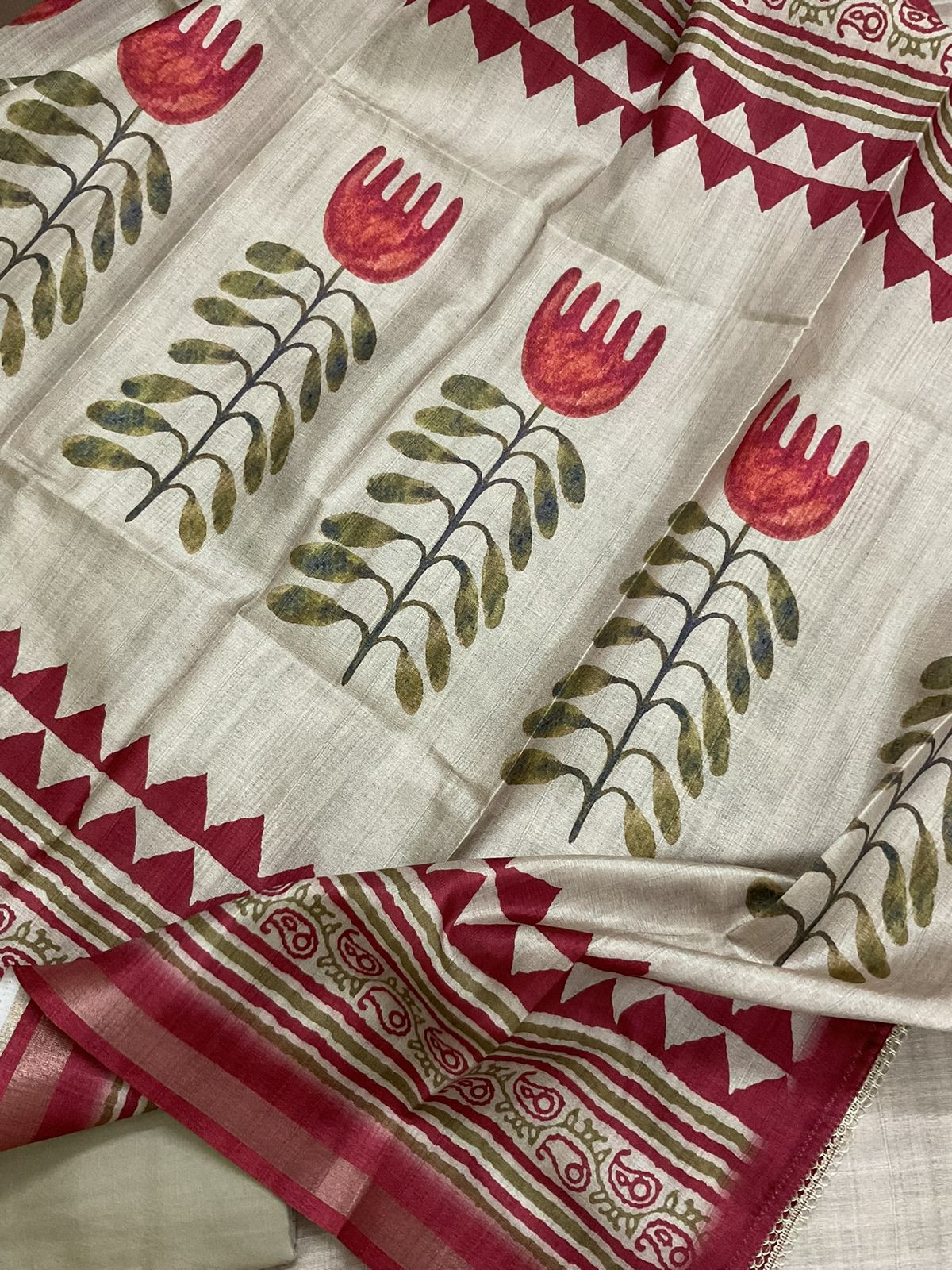 Soft Semi Tussar Silk Printed Embroidered Suit - Beige