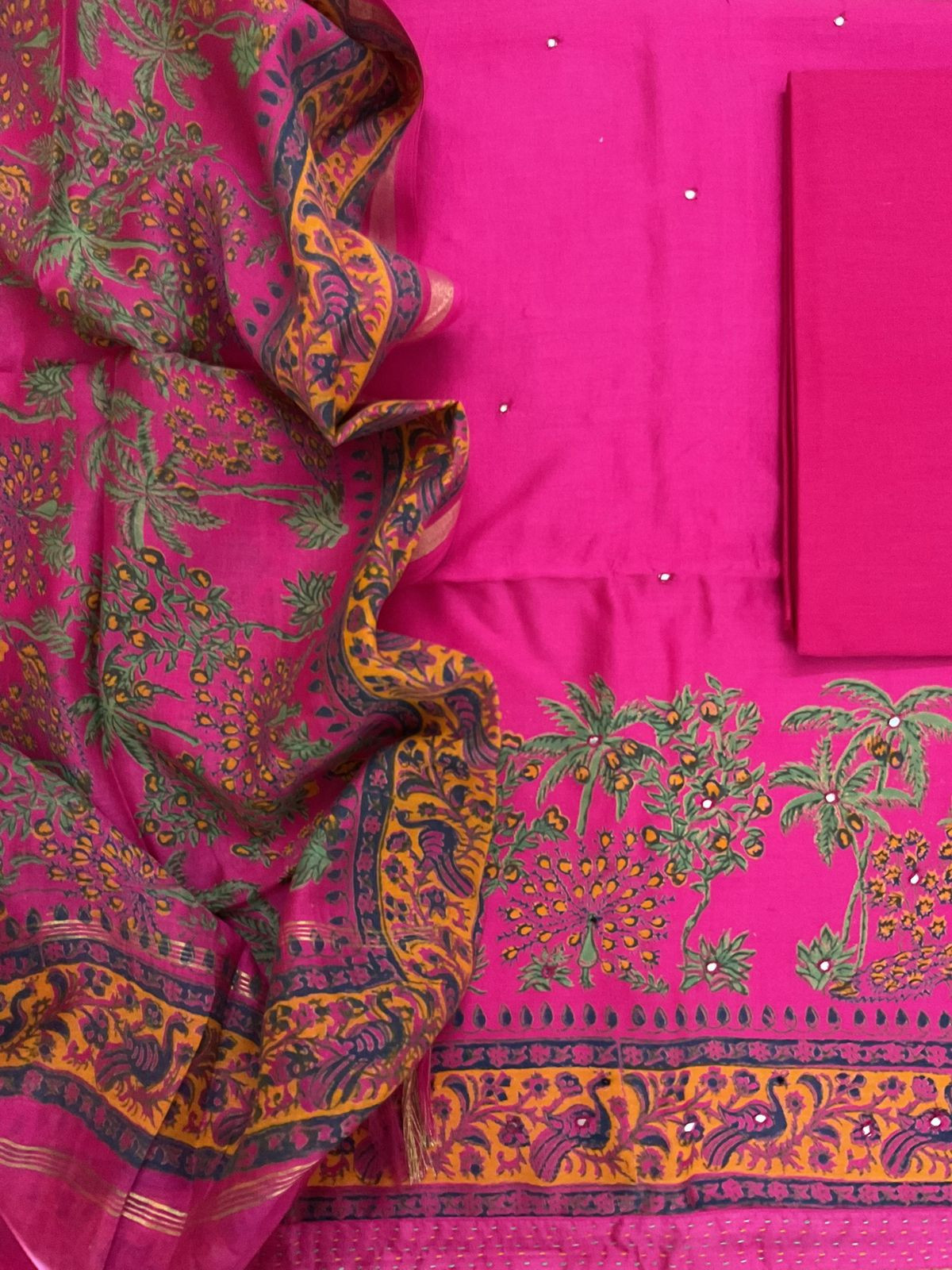 Pure Chanderi Printed Embroidered Suit - Pink