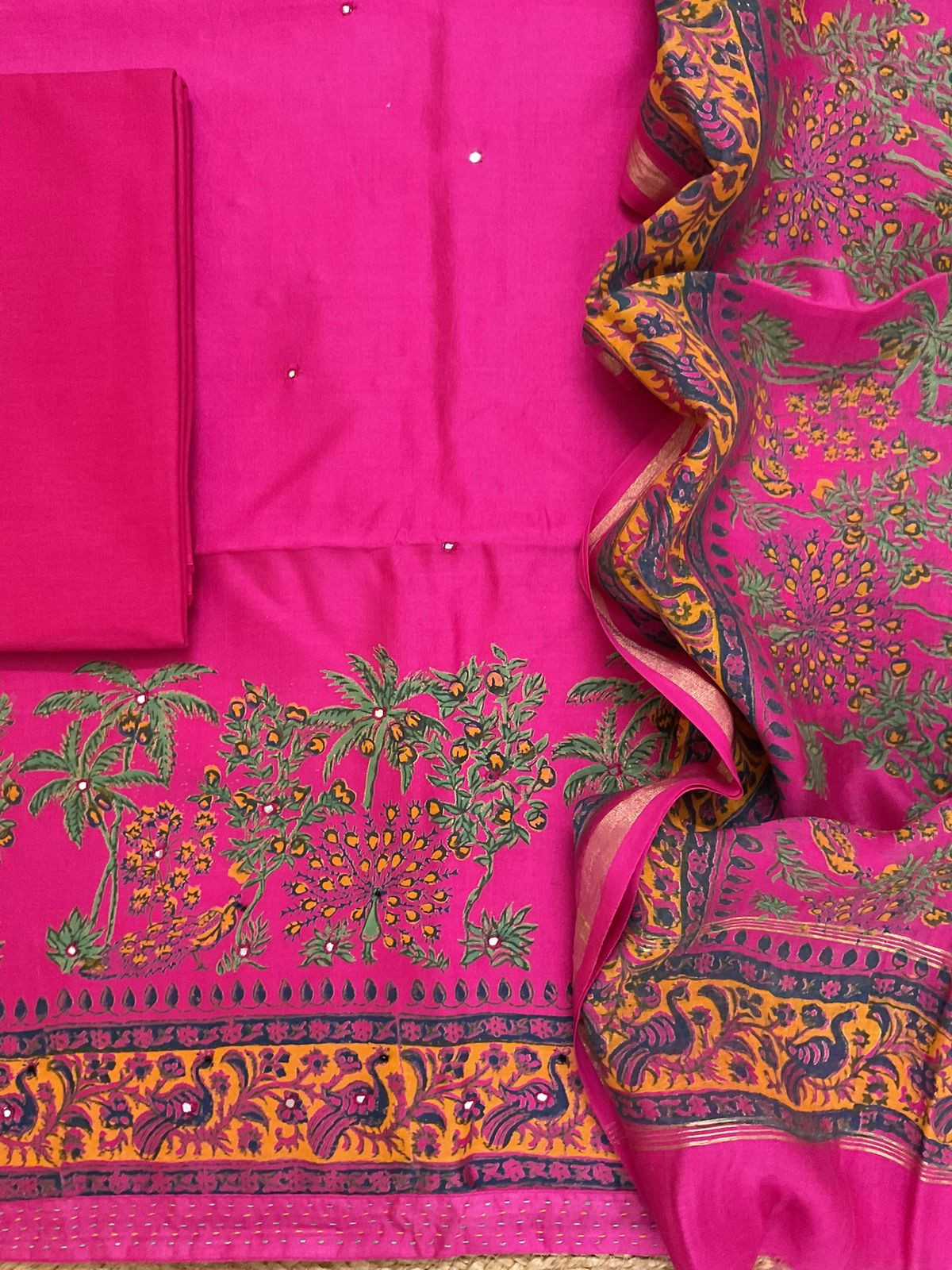 Pure Chanderi Printed Embroidered Suit - Pink