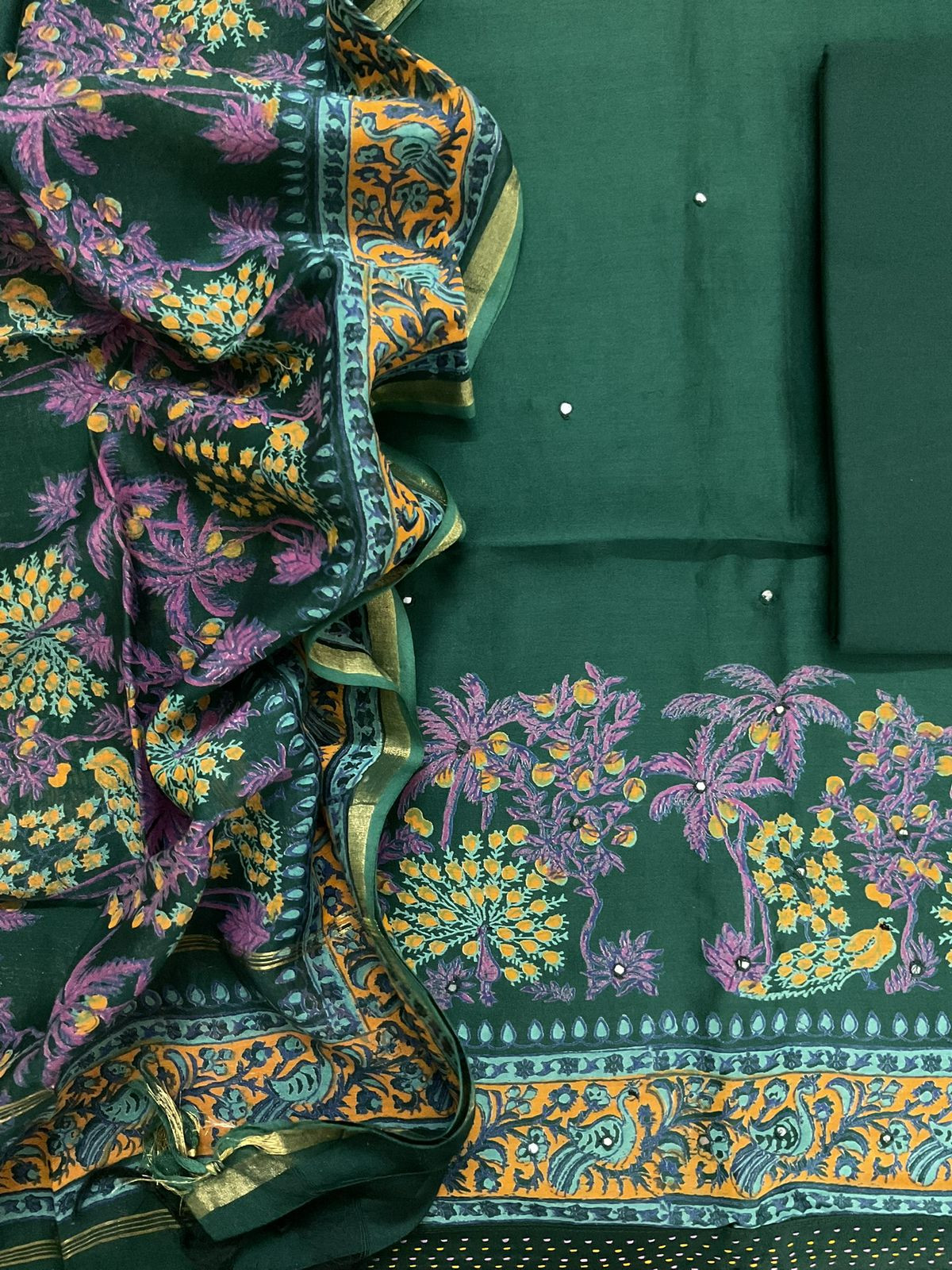 Pure Chanderi Printed Embroidered Suit - Green