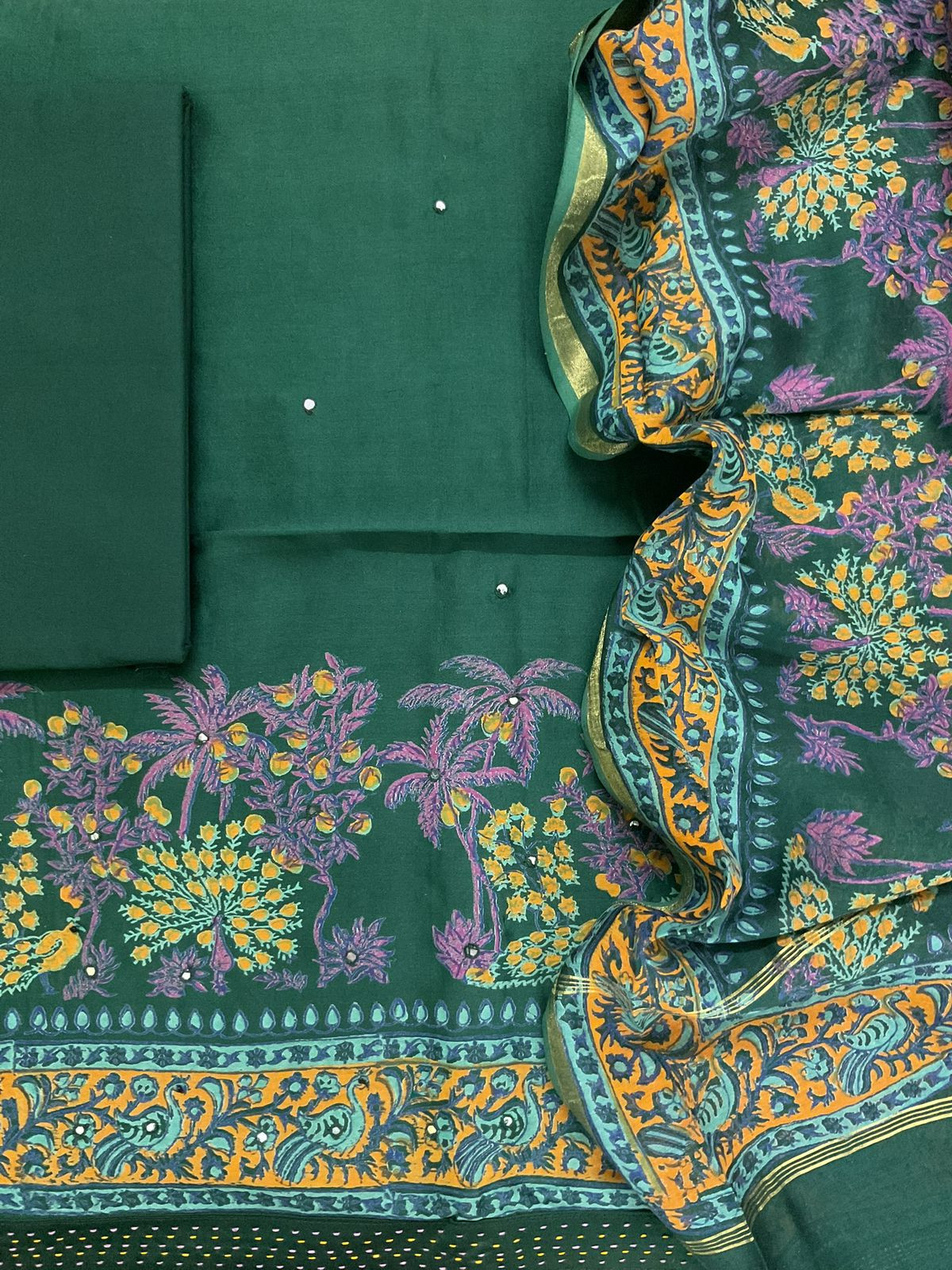 Pure Chanderi Printed Embroidered Suit - Green
