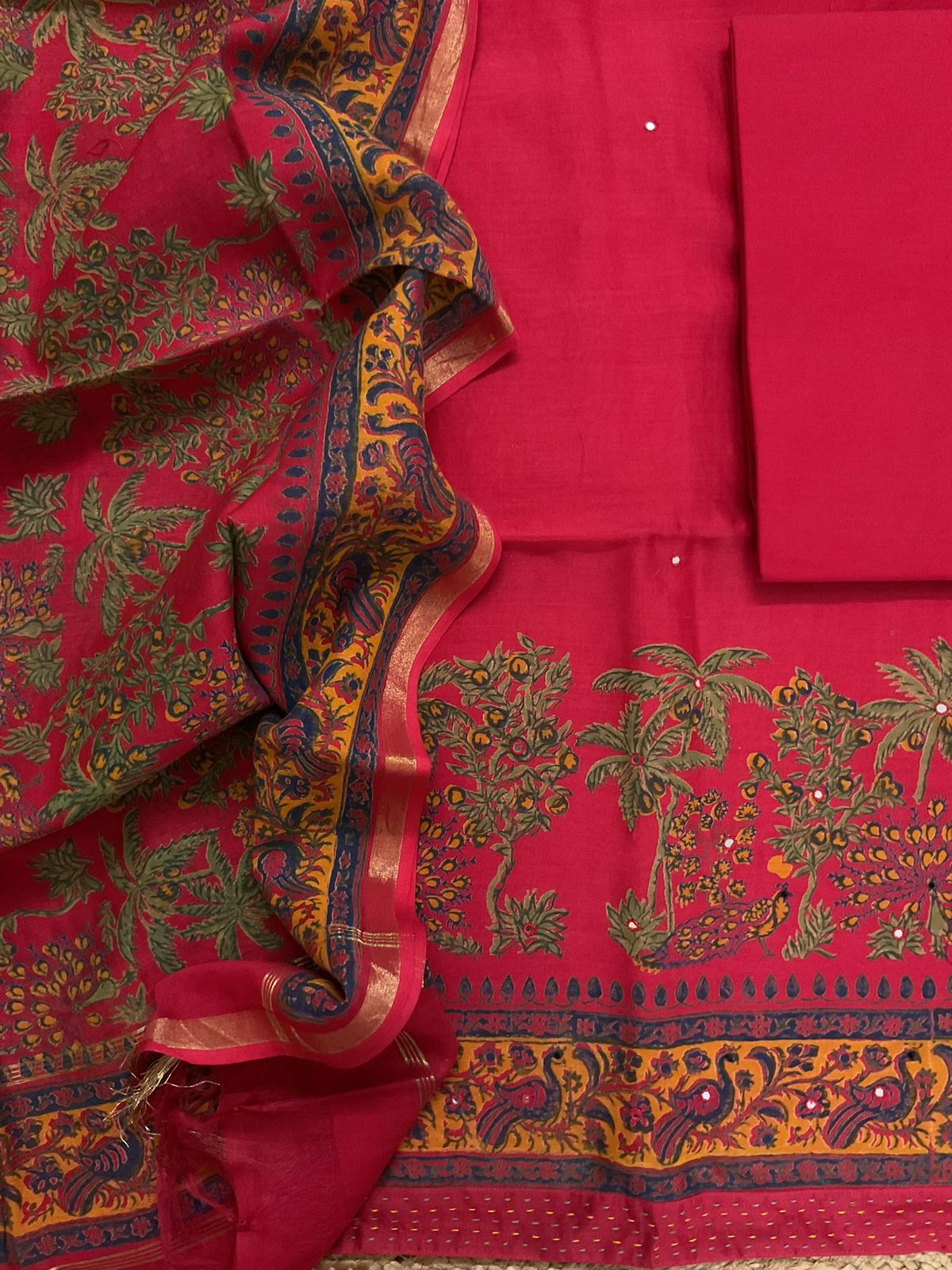 Pure Chanderi Printed Embroidered Suit - Red