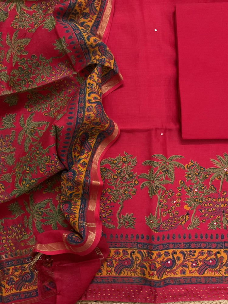 Image of Pure Chanderi Printed Embroidered Suit - Red