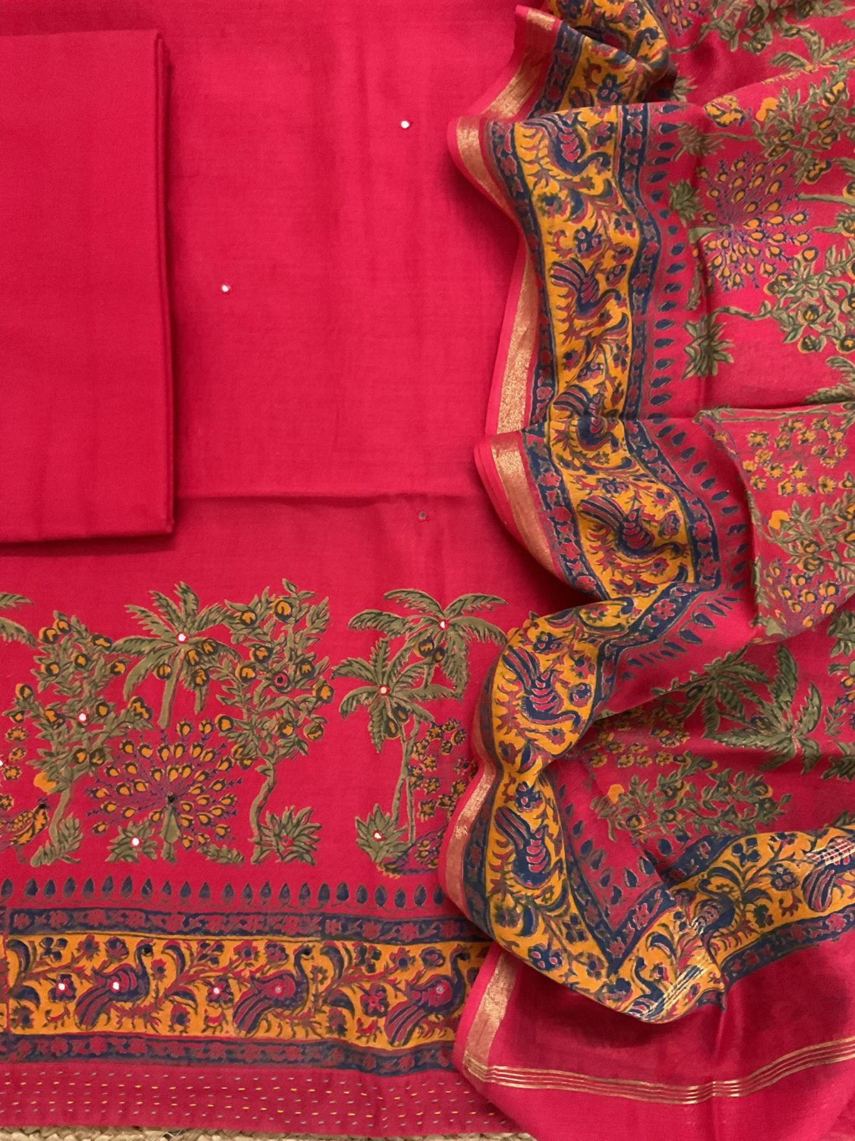 Pure Chanderi Printed Embroidered Suit - Red