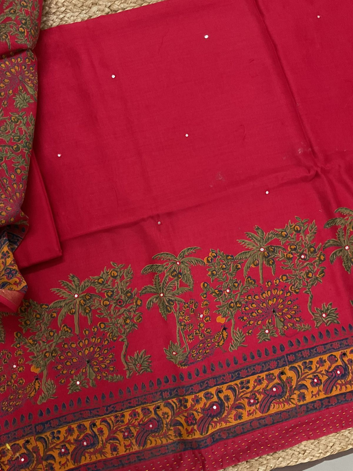 Pure Chanderi Printed Embroidered Suit - Red