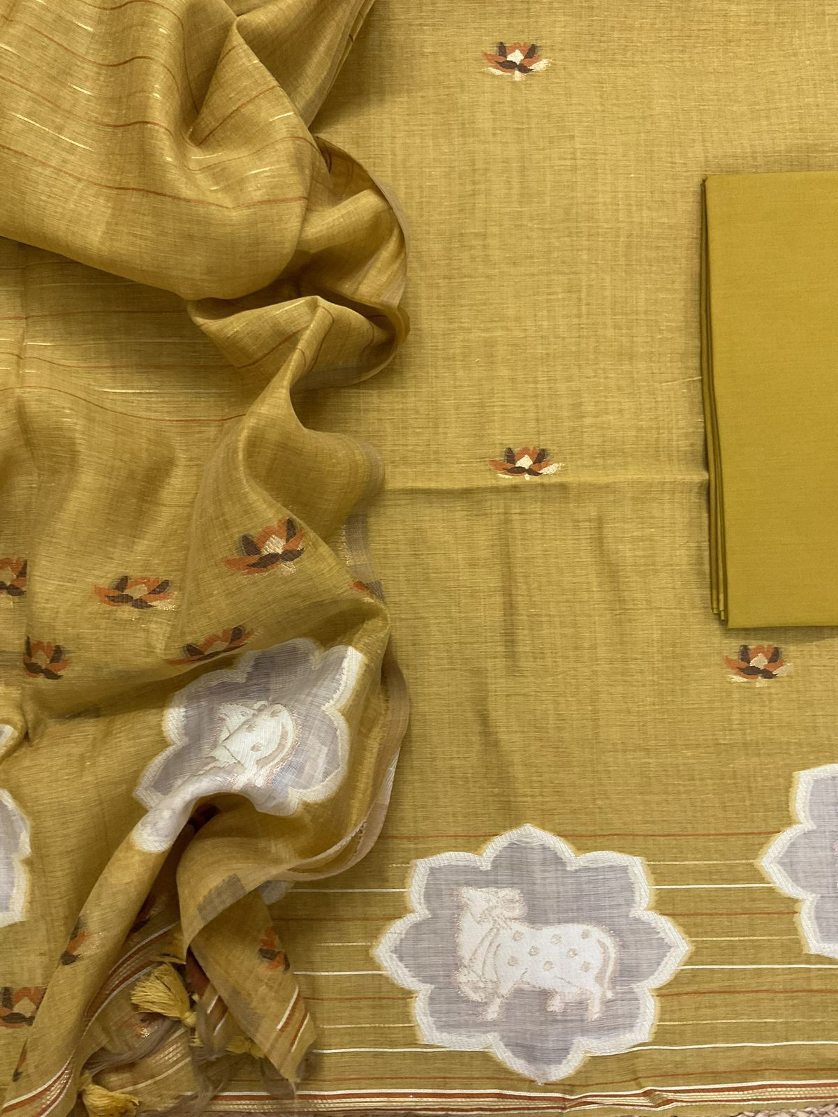Pure Slub Chanderi Jamdani Weaved Suit - Mustard