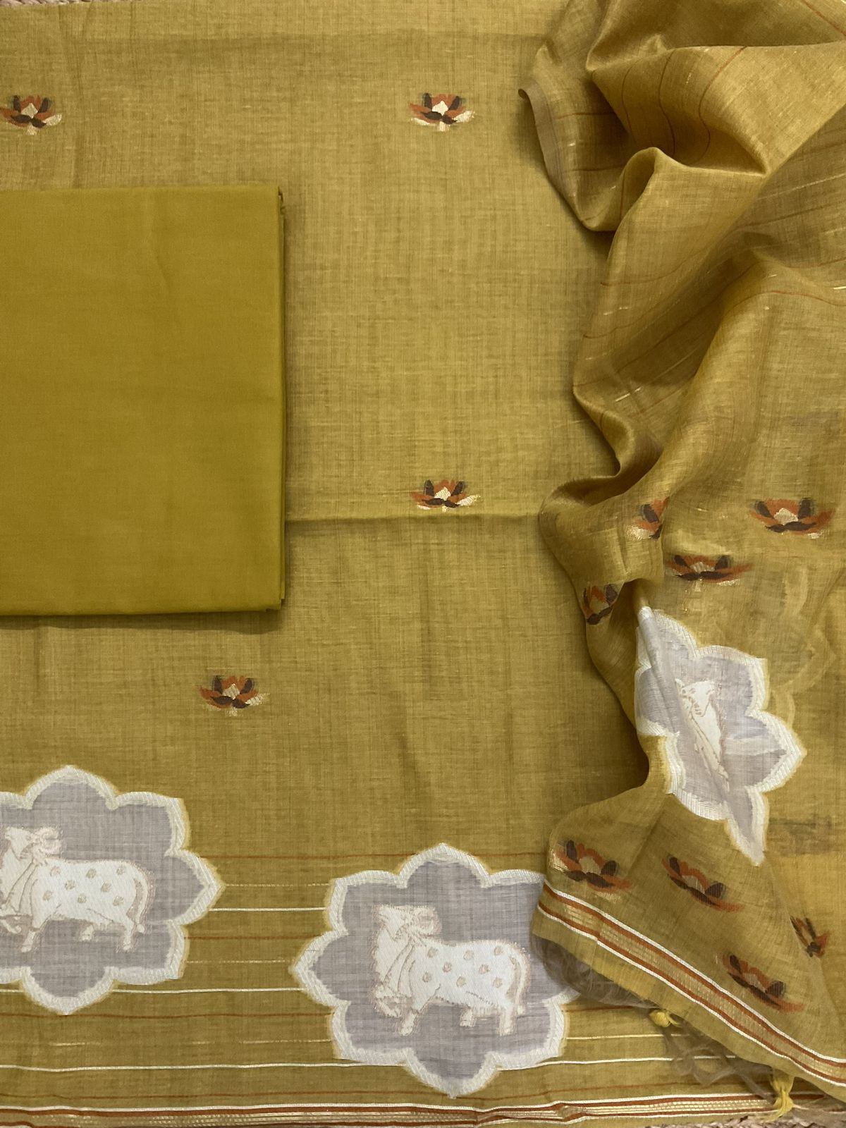 Pure Slub Chanderi Jamdani Weaved Suit - Mustard