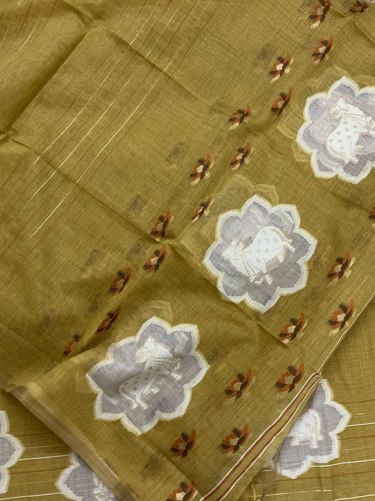 Pure Slub Chanderi Jamdani Weaved Suit - Mustard
