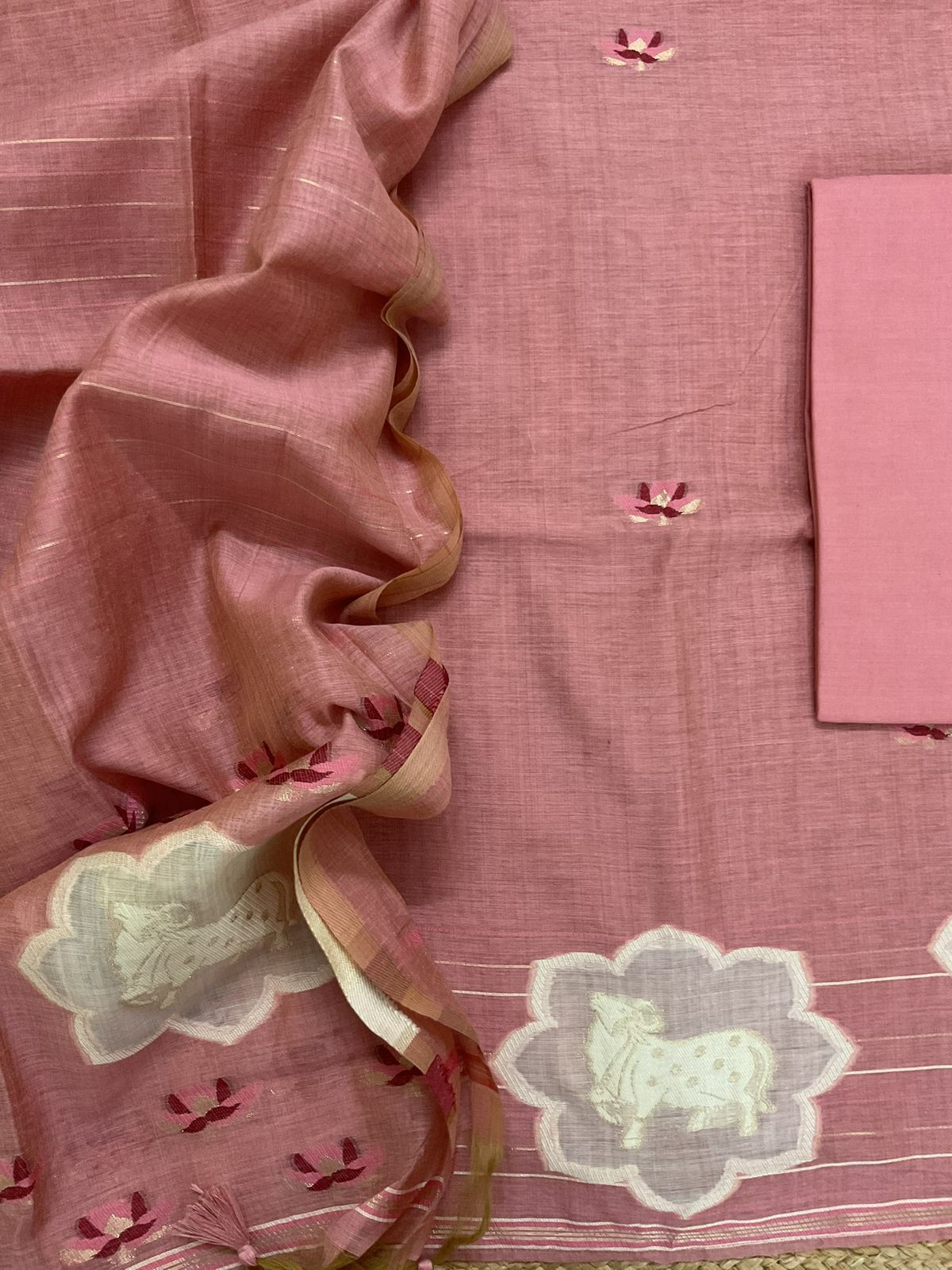Pure Slub Chanderi Jamdani Weaved Suit - Pink