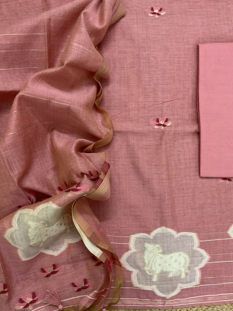 Image of Pure Slub Chanderi Jamdani Weaved Suit - Pink