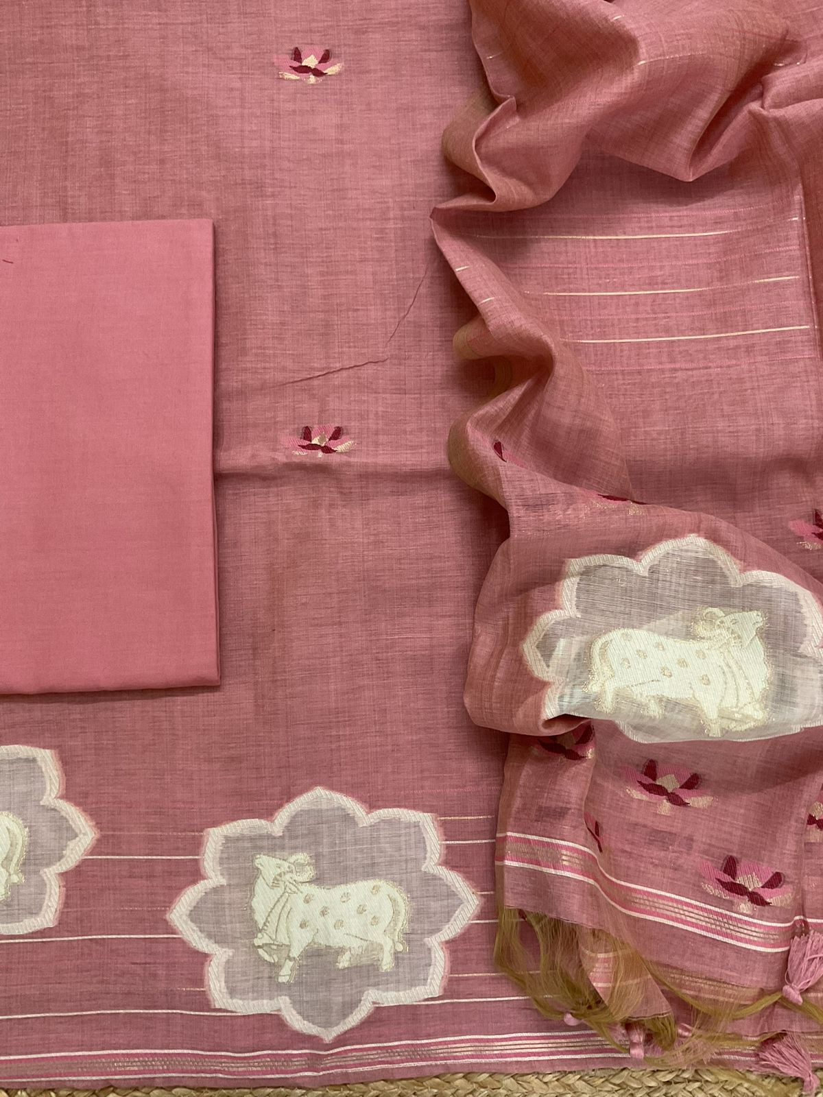 Pure Slub Chanderi Jamdani Weaved Suit - Pink
