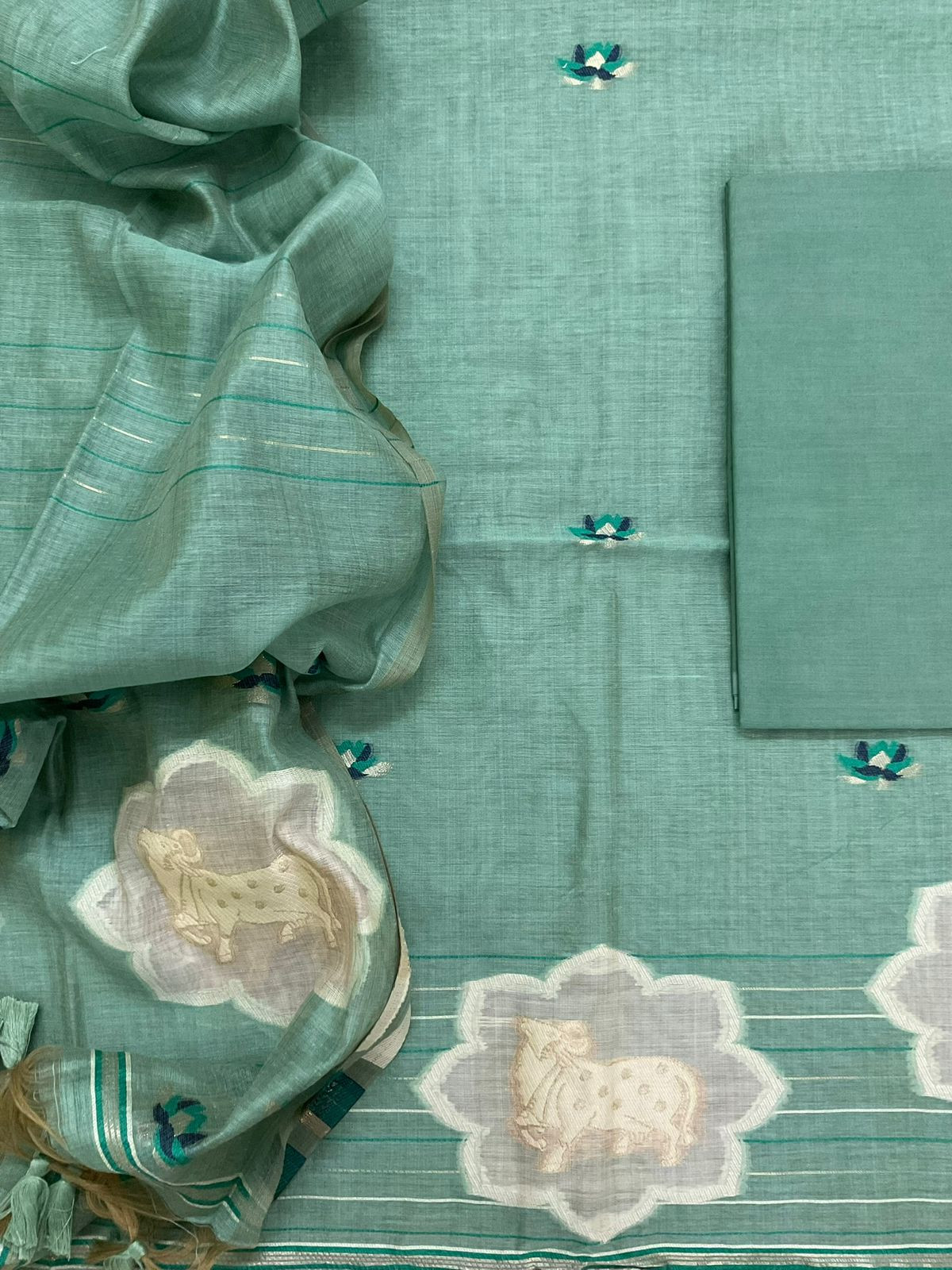 Pure Slub Chanderi Jamdani Weaved Suit - Green